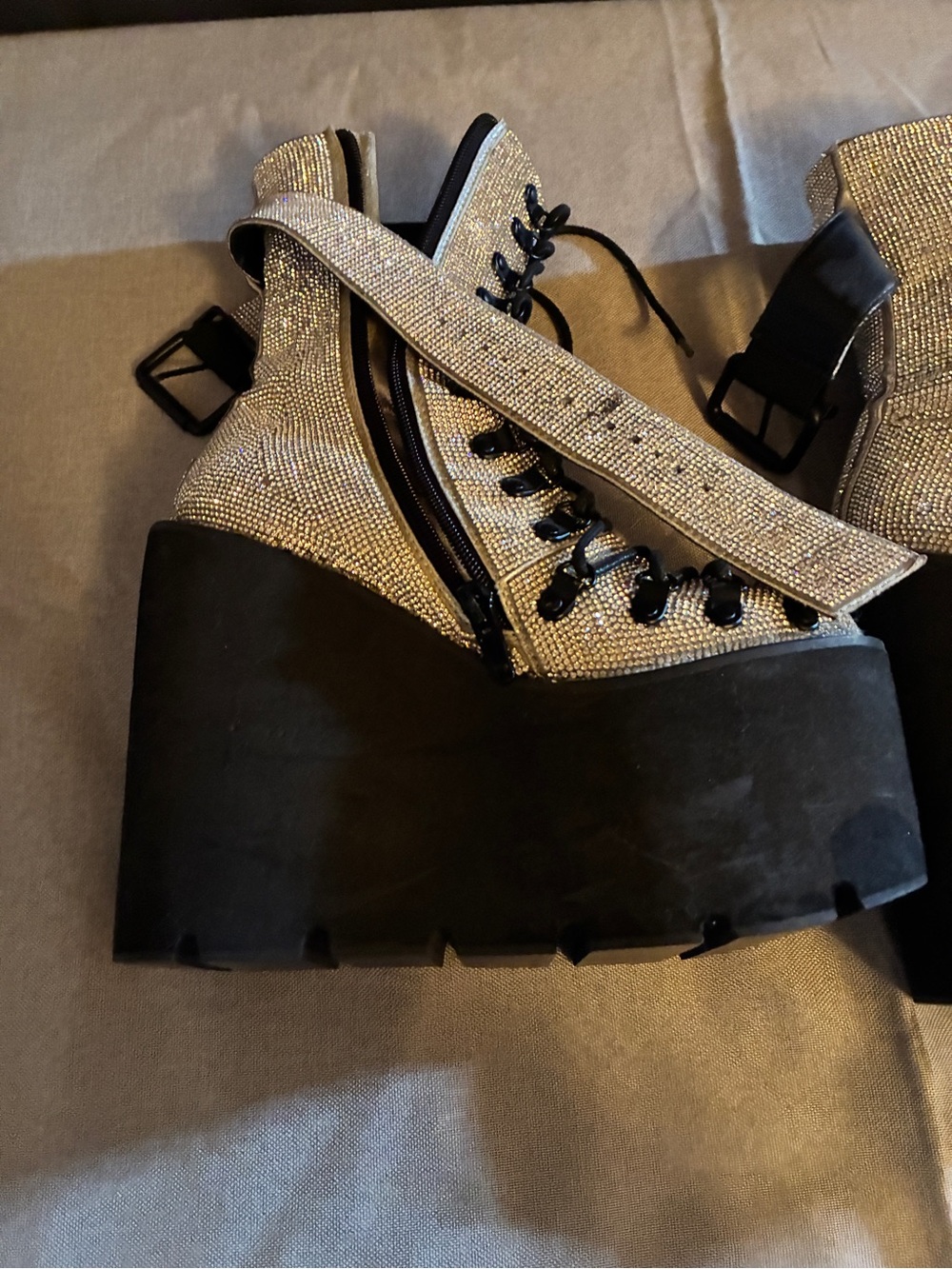 Dolls Kill Silver Crystal Lace-Up Platform Wedge Boots